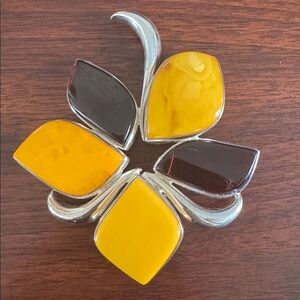 Large Vintage Yellow and Red Amber Leaf Flower Brooch/Pendant